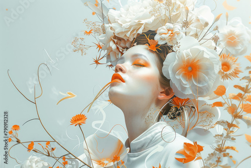 A portrait of a woman with orange and white flowers in her hair, surrounded by blue plants, in the style of digital surrealism