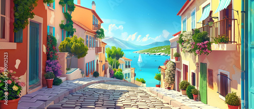 Serene Mediterranean village, picturesque 3D vector illustration with cobblestone streets and coastal views, tranquil and inviting photo