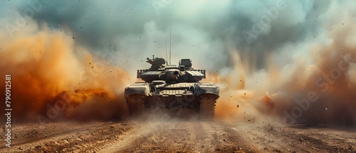 Battlefield Resonance: Tank's Thunder amidst Dust. Concept Tank Warfare, Historical Reenactment, Military Simulation, Dusty Battlefield, Explosive Action