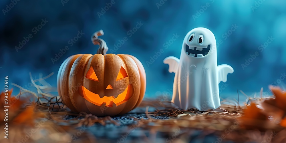 Halloween day, Realistic 3D Halloween Design with Orange Pumpkin and White Ghost on Scary Party Background Halloween day, Realistic 3D Halloween Design with Orange Pumpkin and White Ghost on Scary Party Background
