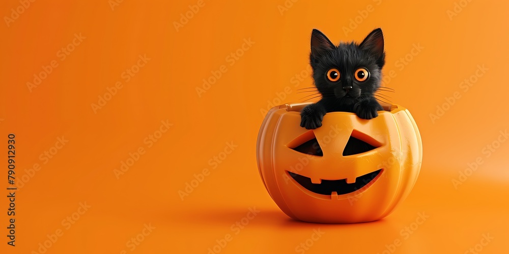 Halloween day, 3D Illustration of Playful Black Cat Inside Grinning Jack O'Lantern on Bold Orange Background