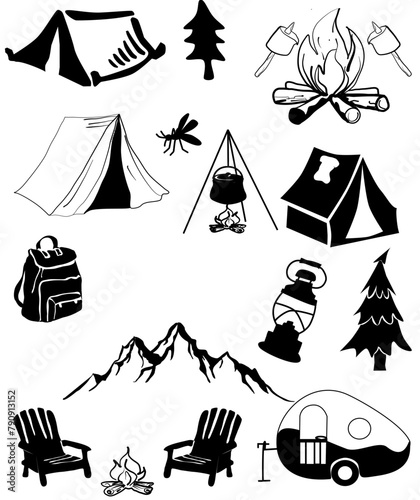 mosquito, camping tent, pot, lantern, chair, wood, pine, fire, backpack, caravan, Equipment design, vector graphics for camping items - icones,

