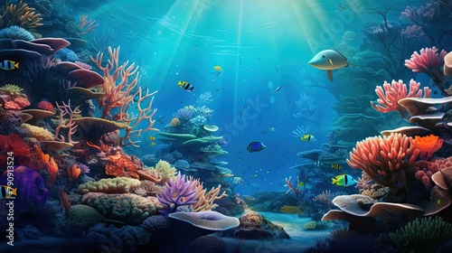 beautiful underwater scenery with various types of fish and coral reefs 