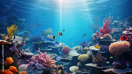 beautiful underwater scenery with various types of fish and coral reefs
