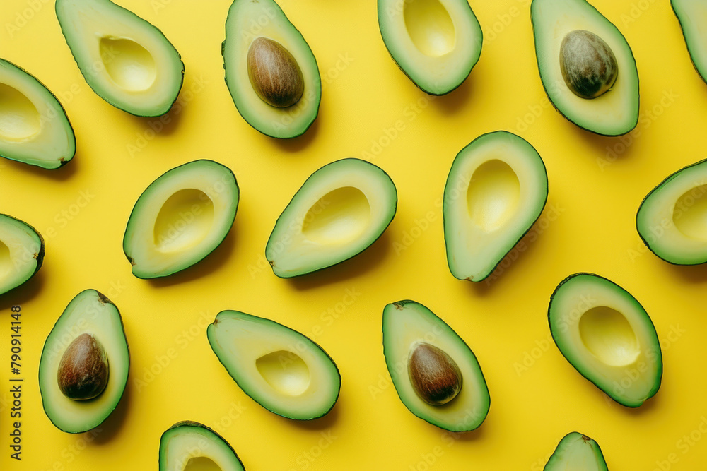 Fresh Avocado Halves on Vibrant Yellow Background, Top View Flat Lay with Copy Space for Healthy Eating Concept