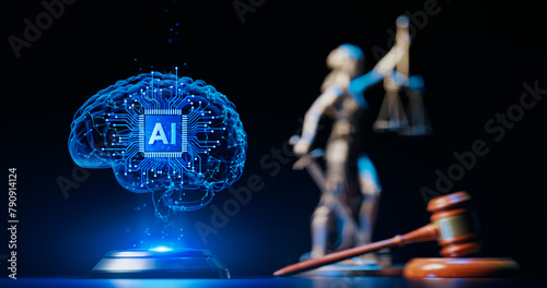 AI Regulation and Justice. Legal and Technology concept. Hologram of the Brain and Statue of Goddess Themis: Symbols of Law, Equality, Legislation and artificial intelligence © Sikov