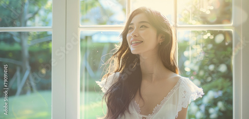 A young Asian woman in a white dress, smiling and looking out the window with long hair flowing behind her, standing next to an open door on a sunny day