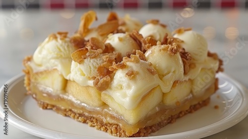 Wallpaper Mural   A white plate holds a slice of cake, its surface adorned with banana slices and a generous dollop of whipped cream atop a table Torontodigital.ca