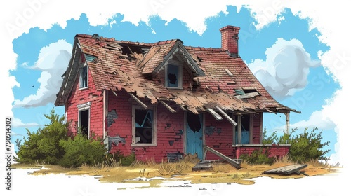 a cartoon house with broken shingles and holes in the roof and boards sticking out of the roof
