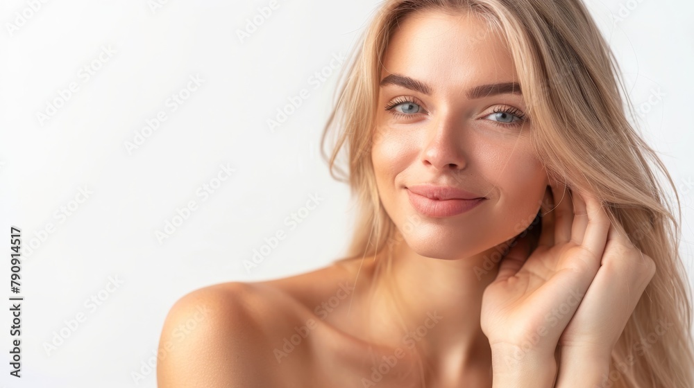 Beautiful gorgeous blonde woman with long hair looking at camera isolated on white. Girl close-up portrait. Beauty healthy facial skin care, skin care cosmetics, cosmetology concept Beautiful gorgeous blonde woman with long hair looking at camera isolated on white. Girl close-up portrait. Beauty healthy facial skin care, skin care cosmetics, cosmetology concept