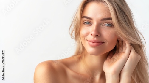 Beautiful gorgeous blonde woman with long hair looking at camera isolated on white. Girl close-up portrait. Beauty healthy facial skin care  skin care cosmetics  cosmetology concept