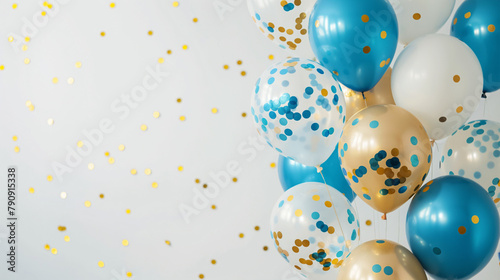 Celebration Balloons with Confetti  Party Decor  Festive Atmosphere. Gold Blue and White Balloons with Confetti. Background with Copy Space