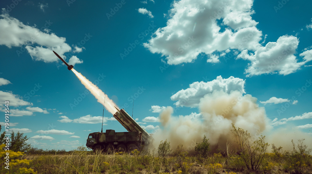 Missile system firing in the field, rocket launch with smoke and dust ...