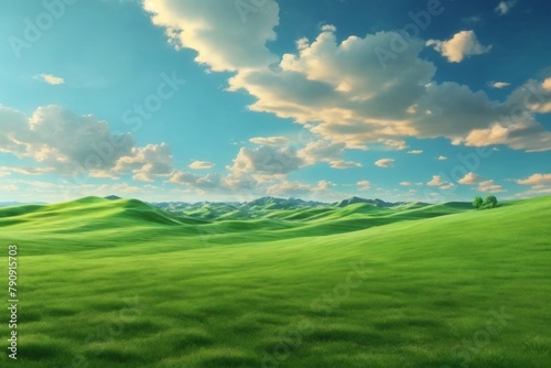 Green Grass field on Small Hills and Blue Sunny Sky, Green Hills Wallpaper, Green Hills Landscape, Green Field Landscape, green meadow and blue sky, AI Generative