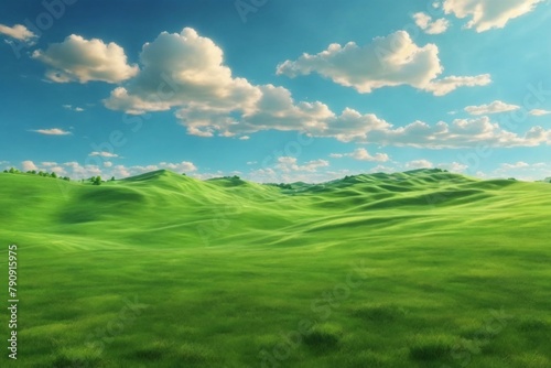 Green Grass field on Small Hills and Blue Sunny Sky, Green Hills Wallpaper, Green Hills Landscape, Green Field Landscape, green meadow and blue sky, AI Generative