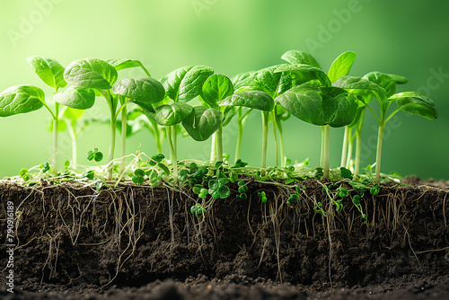 Slice of soil with microgreens on blurred green background