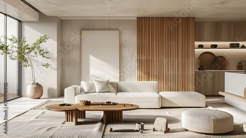 Modern interior japandi style design livingroom. Lighting and sunny scandinavian apartment with plaster and wood. 3d render illustration. © essence video