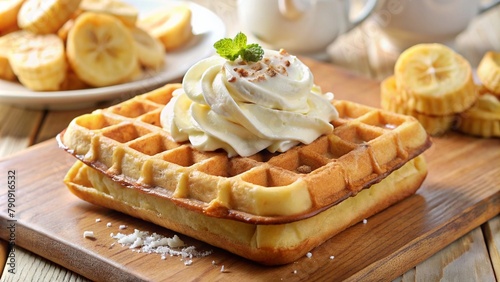 Wafel Stuck topped with banana srawberry and whipped cream and chocolate syrup