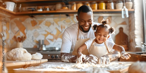 Joyful father teaching daughter to knead dough in sunny kitchen covered in flour photo