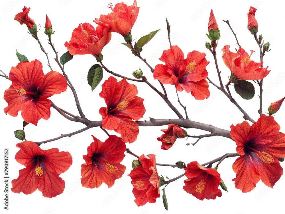 Set of branches of vibrant hibiscus flowers, red and inviting