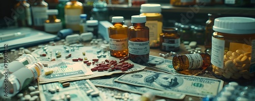 Cluttered Lab Table with Pharmaceutical Bills and Medication Bottles Showcasing Economic Aspects of Drug Development