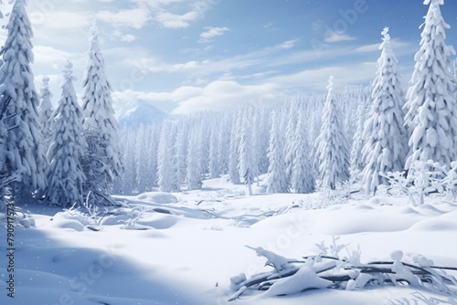 Winter Snow Forest Landscape Background, Winter Forest Wallpaper, Snowy Forest Landscape, Winter Forest background, Frosty winter landscape, Snowy Fir Trees Background, AI Generative