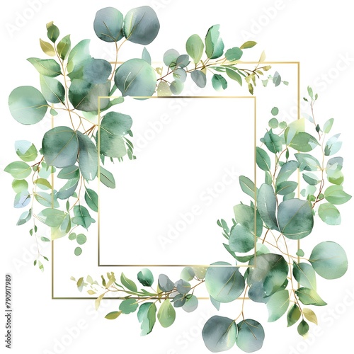 A square frame surrounded by beautifully illustrated eucalyptus leaves and branches, perfect for wedding invitations or elegant stationery.