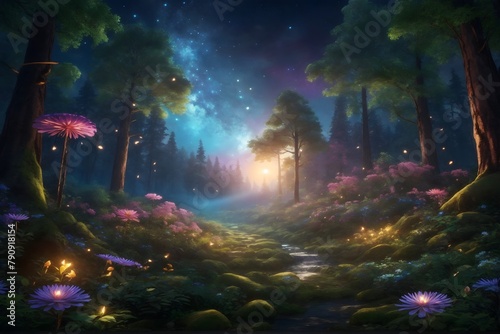 Mysterious Forest Landscape Background, Whimsical Forest Scene Wallpaper, Magic Forest, Forest wilderness at night, Enchanted Forest Wallpaper, Fantasy fairy tale Forest, AI Generative
