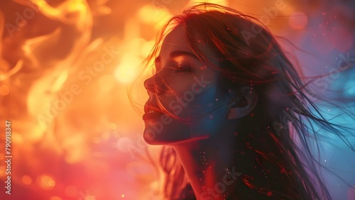 Woman Enveloped in a Symphony of Lights and Sounds. Concept Dreamy Lights, Ambient Sounds, Sensory Experience, Ethereal Atmosphere