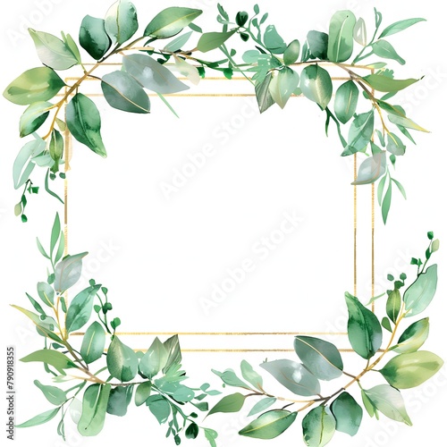 A square frame surrounded by beautifully illustrated eucalyptus leaves and branches  perfect for wedding invitations or elegant stationery.