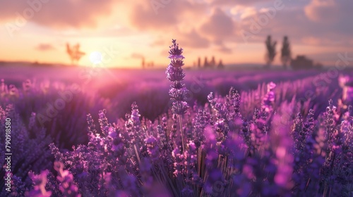 Breathtaking lavender field at sunset panorama