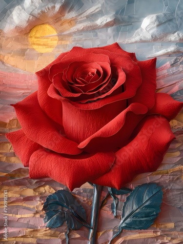 A mesmerizing impressionist-style decoupage relief art masterpiece. The central focus is an exquisitely detailed red rose, with each delicate petal beautifully rendered to capture the essence of its c