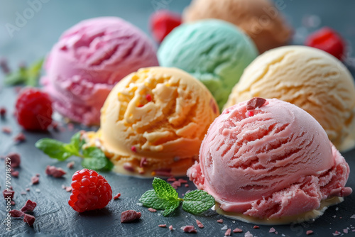 Ice cream scoops with decorations  Various of ice cream flavor summer and Sweet menu concept.