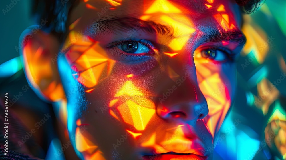Vivid neon light portrait of a young adult with futuristic patterns