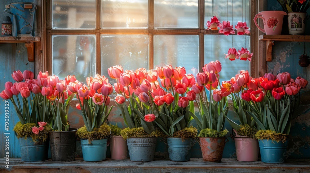   A window sill adorned with numerous pink tulips, alongside a row of blue pots brimming with lush green moss