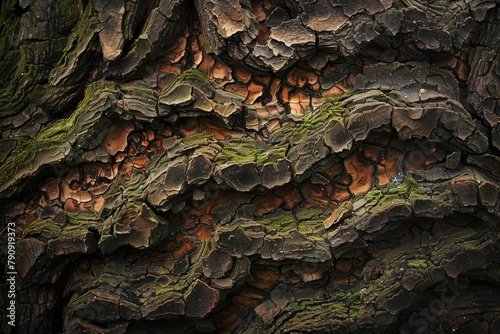 Close up of a tree trunk with moss growing on it