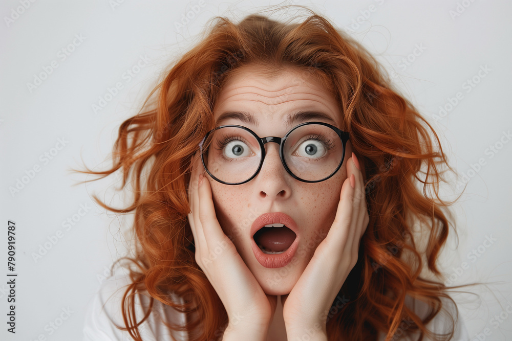 surprised girl with glasses on white background, emotional girl, red-haired girl with glasses, surprise