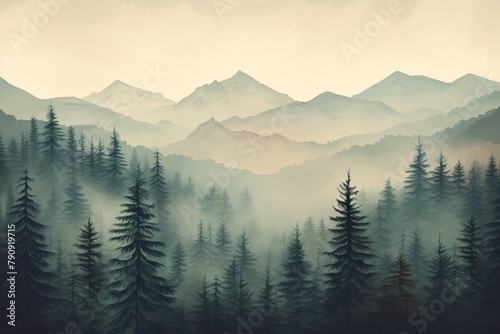 Misty Mountain Fir Forest Landscape, Foggy Forest Landscape, Foggy Mountain Forest Wallpaper, Mountains Forest Covered in Fog, Mysterious Forest Background, Fog Forest, AI Generative