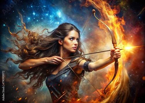 Zodiac signs. Astrological forecast. Predictions. A beautiful girl in the zodiac sign Sagittarius. The concept of astrology and horoscope. © Юлия Клюева