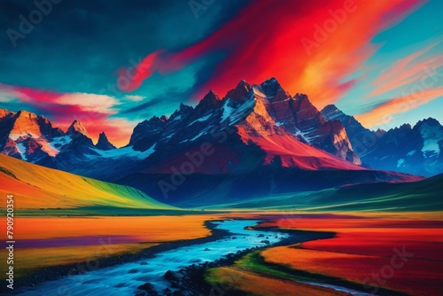 Vibrant Mountain Landscape Background, Vibrant Mountain Wallpaper, Mountains Background, Majestic Mountain Scenery, AI Generative