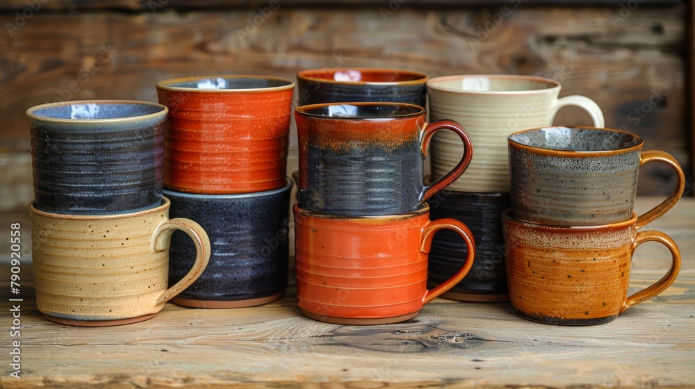  A wood table holds an assortment of colorful coffee mugs atop it, with a wooden wall serving as the backdrop