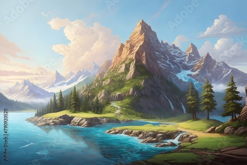 Mountain Landscape Background, Mountain Wallpaper, Mountains Background, Mountain Scenery, Nature Wallpaper, Mountain with trees and water, Mountain Valley, AI Generative