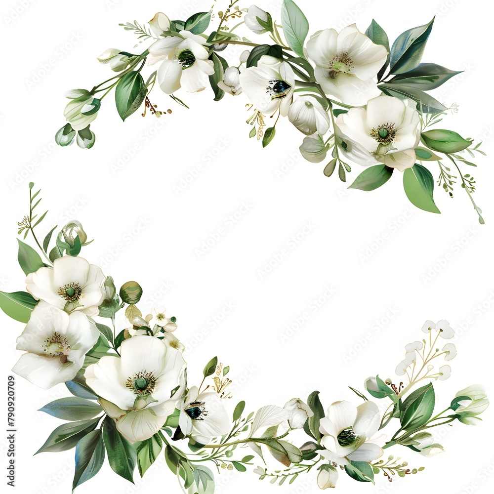 A watercolor circular floral wreath of white flowers and green leaves, ideal for decorative and celebratory purposes in various designs