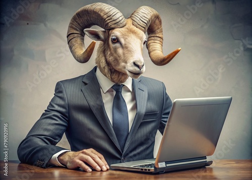 Business Concept. Hyperrealistic animal character Baran, adult, in business suit, working at laptop. Characters of businessmen. Allegorical concept in business