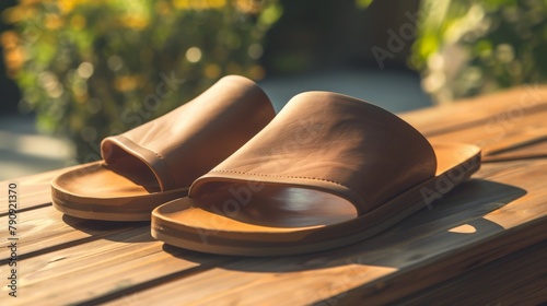 Sandals on wooden bench