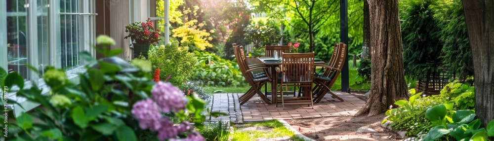 Cozy garden patio spring bloom framing Cozy garden patio spring bloom framing
