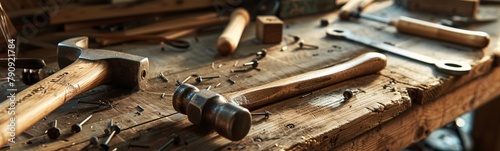 Many tools on a table with a hammer and hammer. Banner