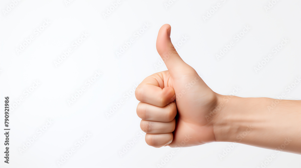 Closeup of a realistic human hand showing a thumbs up, isolated on a pure white background, ideal for use in customer satisfaction and service quality promotions