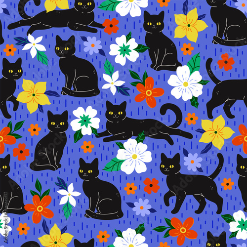 Bright seamless pattern with cute black cats and flowers. Vector graphics. © Екатерина Зирина