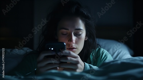 Woman Addicted to Phone: Sleepy Exhausted Female

